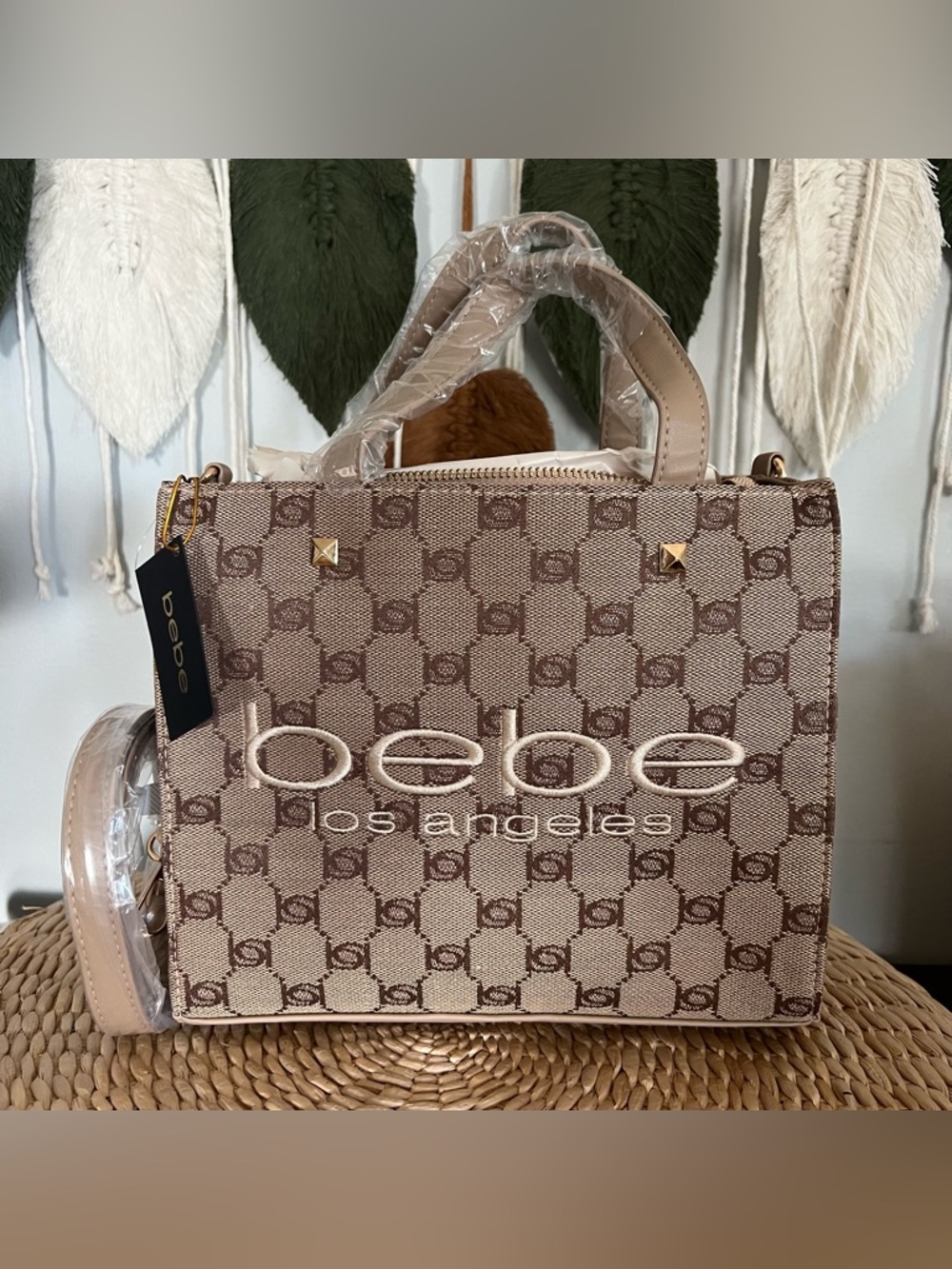bebe Los Angeles Beige Logo small satchel
